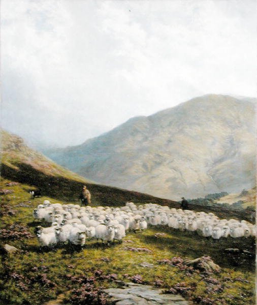 Shepherd and Sheep, Perthshire (olje på lerret) av Dixon Clark