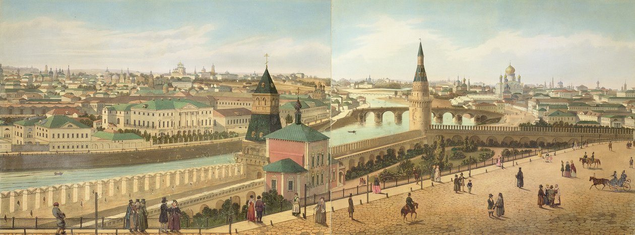 Utsikt nedover elven fra Kreml inkludert Vår Frelsers kirke, fra et panorama av Moskva, gravert av Philippe Benoist (1813-c.1905) og Aubrun, pub. av Lemercier, ca. 1840 av Dmitri Indieitzeff