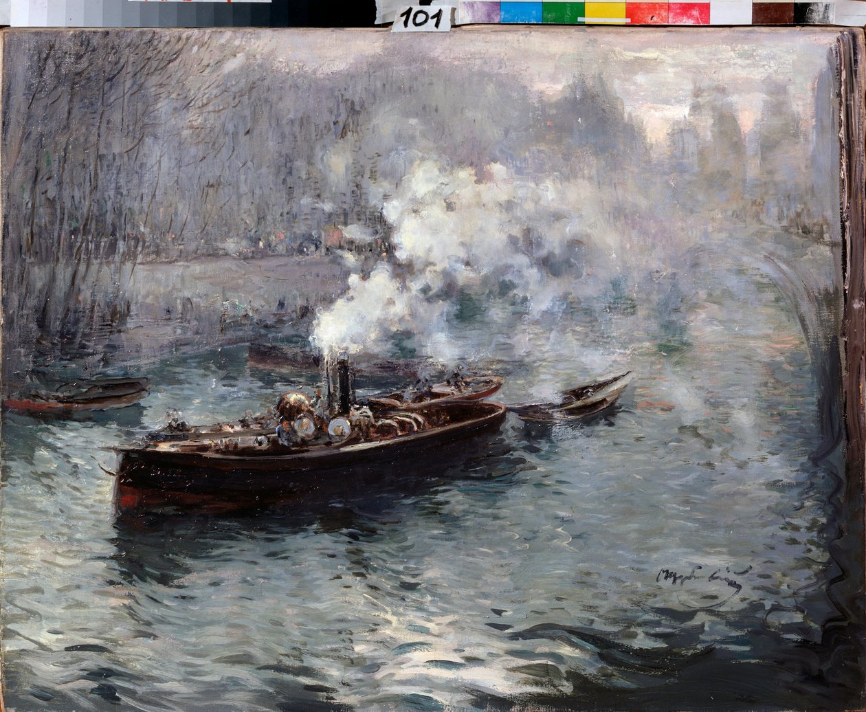 A Steamboat - Maleri av Dmitri Anfimovich Shcherbinovsky (1867-1926), olje på lerret av Dmitri Anfimovich Shcherbinovsky