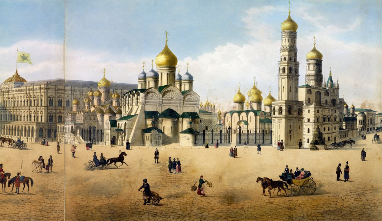 Bebudelsens og erkeengelens katedraler, fra et panorama av Moskva, gravert av Philippe Benoist 1813-c.1905 og Aubrun, pub. av Lemercier litho detalj av 105099 av Dmitri Indieitzeff
