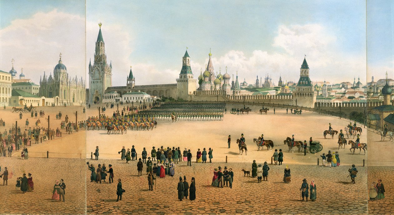 St. Basil-katedralen sett fra Kreml, fra et panorama av Moskva, gravert av Philippe Benoist 1813-c.1905 og Aubrun, pub. av Lemercier, c.1840 litho detalj av 105095 av Dmitri Indieitzeff