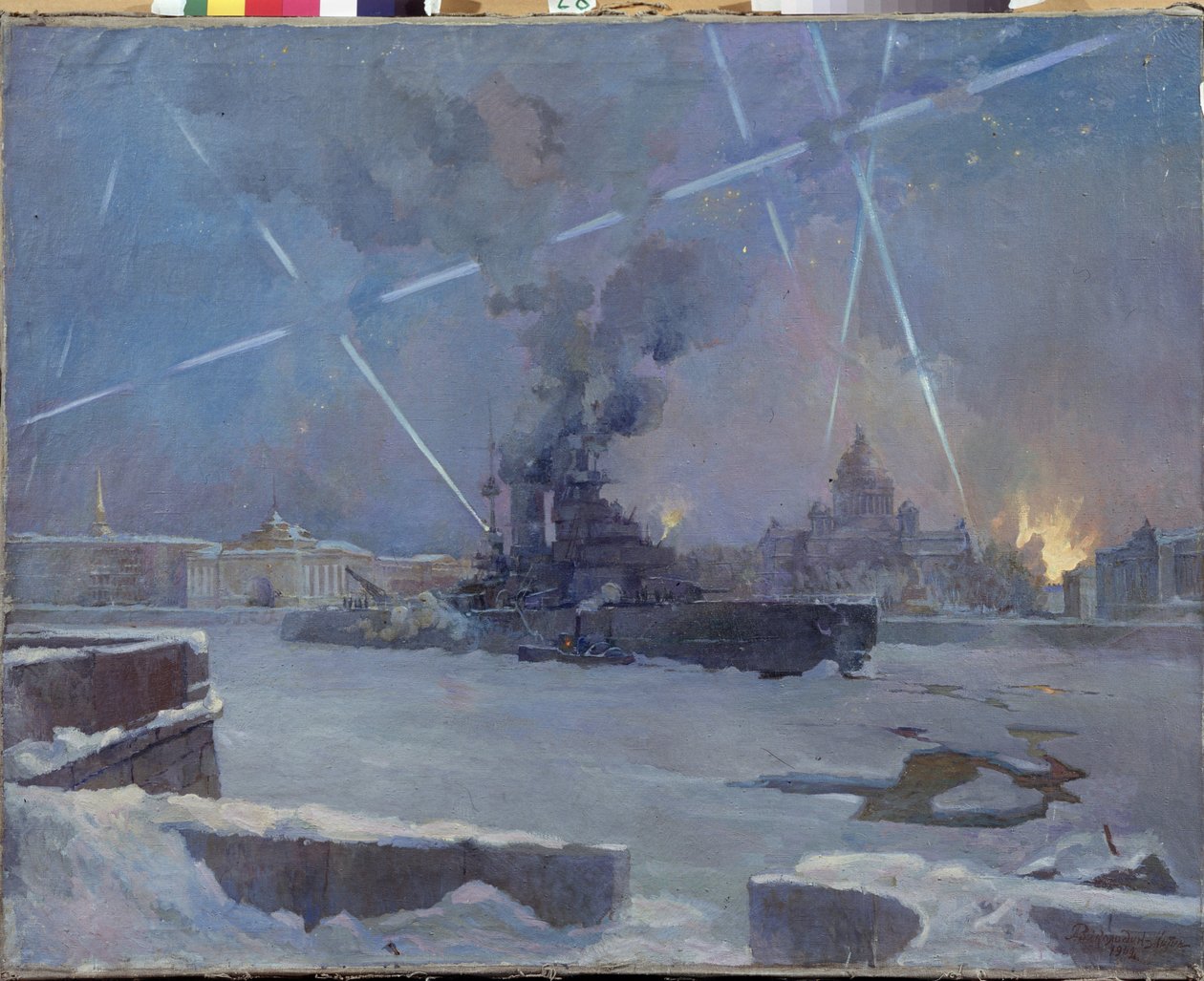 Tungt artilleri på Neva i Leningrad (Sankt Petersburg, Russland) i 1942. (En kurass på den frosne elven forsvarer den brennende byen mot luftangrep, under beleiringen av Leningrad). Episode av andre verdenskrig (1939-1945). Maler av Dmitri Nikiforovich Martynov