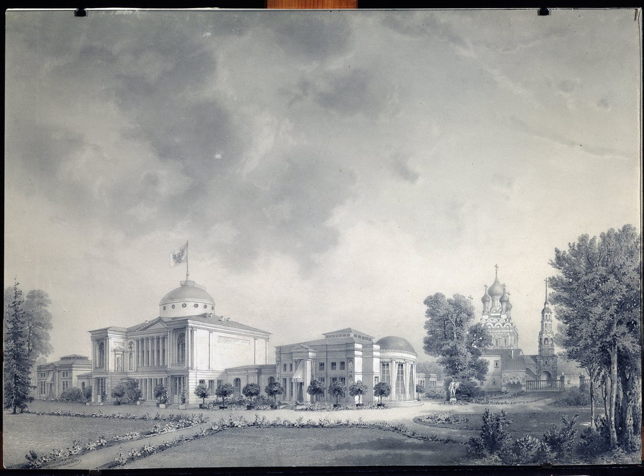 Utsikt over Ostankino-palasset, Moskva (Utsikt over Ostankino-palasset) - Verk av Dmitri Nikiforovich Martynov (1826-1889), blyant på papir av Dmitri Nikiforovich Martynov