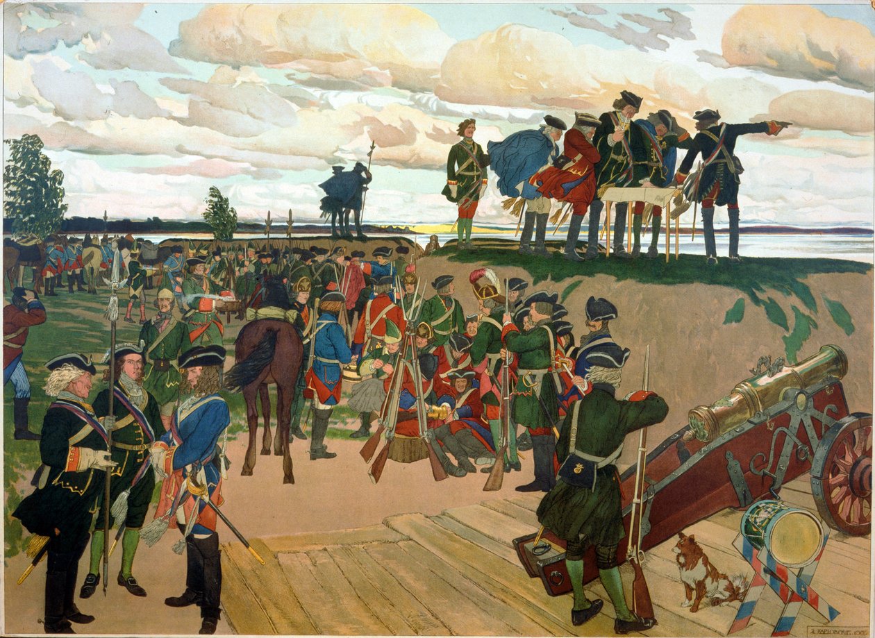 Grunnleggelsen av St. Petersburg-festningen av Peter I den store (1672-1725) på 1700-tallet. (Grunnelsen av festningen St Petersburg). Verk av Dmitri Nikolayevich Kardovsky (Kardovski) (1866-1943), litografi av Dmitri Nikolayevich Kardovsky