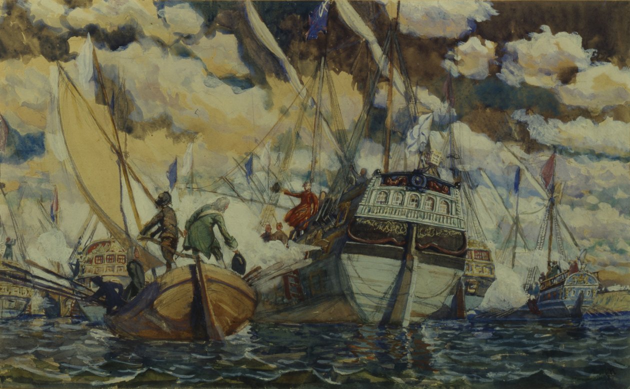 Peter I og Lefort. Flåten til Peter I ved Lake Pleshcheyevo, 1927 av Dmitri Nikolayevich Kardovsky