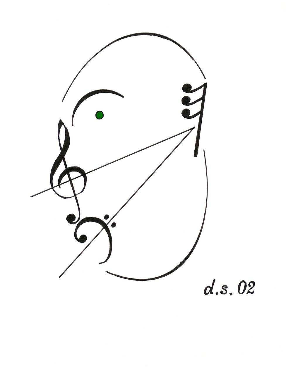 Diminuendo-ansikt - et syngende ansikt tegnet med det musikalske symbolet for diminuendo og diverse andre musikalske notasjoner av Dmitri Smirnov