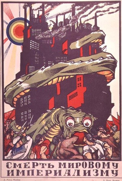 Plakat som viser et monster viklet rundt en by, fra 'The Russian Revolutionary Poster' av V. Polonski av Dmitri Stahievic Moor