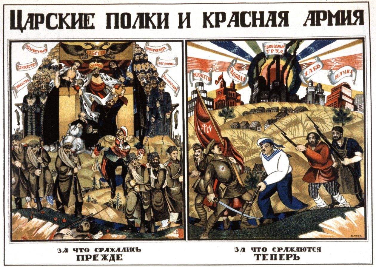 Tsarregimentene og Den røde armé, ca. 1920 (plakat) av Dmitry (1883-1946) Moor