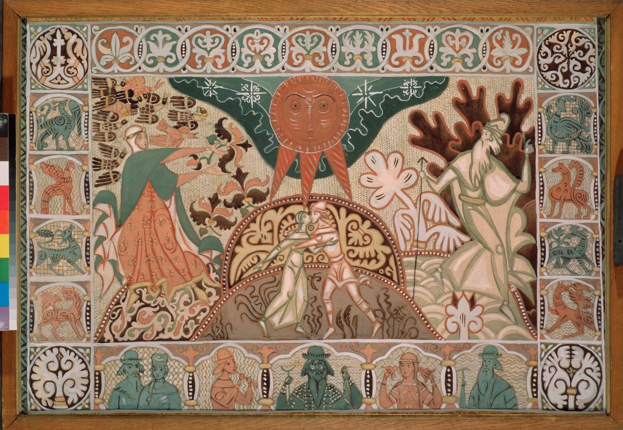 Gardindesign for operaen ""The Snow Maiden"" av Nicolas (Nikolai) Rimsky Korsakov (Rimsky-Korsakov) (1844-1908) (Gardindesign for operaen Snow Maiden av N Rimsky Korsakov) - Verk av Dmitri Semyonovich Stelletsky (1875) -1947), gb av Dmitry (Dmitrij) (1875 1947) Stelletsky