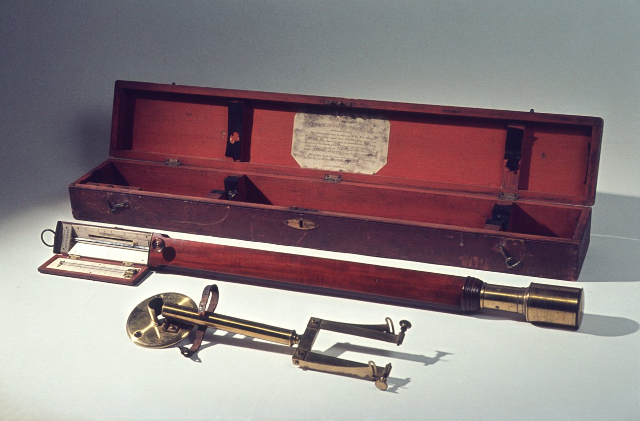 Marinbarometer med veggstøtte og gimbals, i trekoffert med instruksjoner, ca. 1820 (mahogni og messing) av Dollond