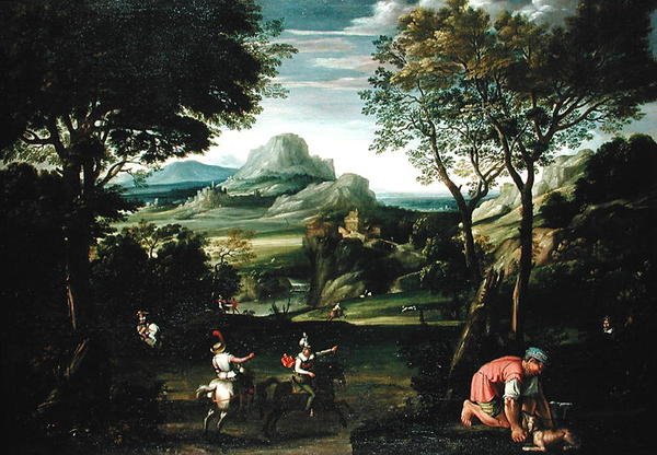 Landskap med båter, eller landskap med jaktscene (olje på lerret) av Domenichino