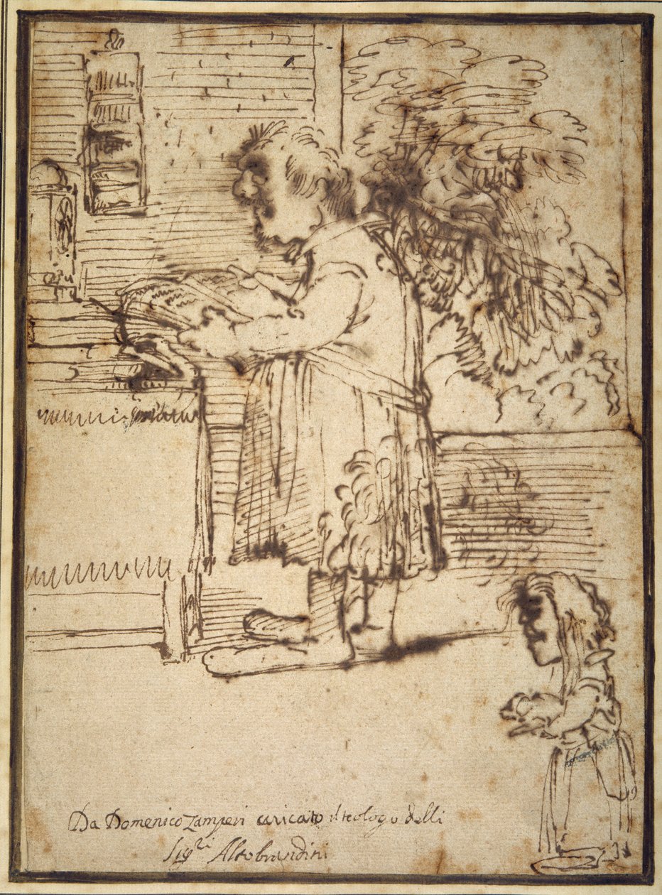 Karikatur av Aldobrandini-teologen, med en kvinnelig dverg som holder hunden sin (penn og blekk på papir) av Domenichino