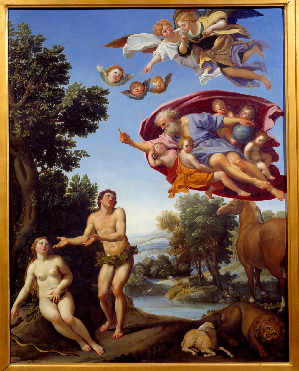 Gud irettesetter Adam og Eva Maleri av Domenico Zampieri (The Dominiquin) 1625 Søn. 0,95x0,75 m Grenoble, kunstmuseum av Domenichino