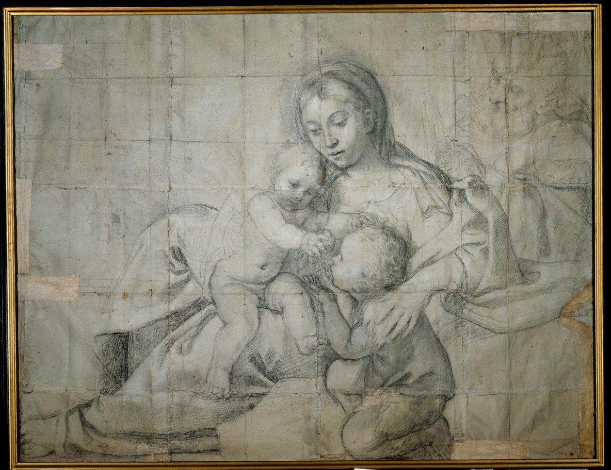 Hellig familie i ro med spedbarnet Døperen Johannes (svart kritt på papir) av Domenichino