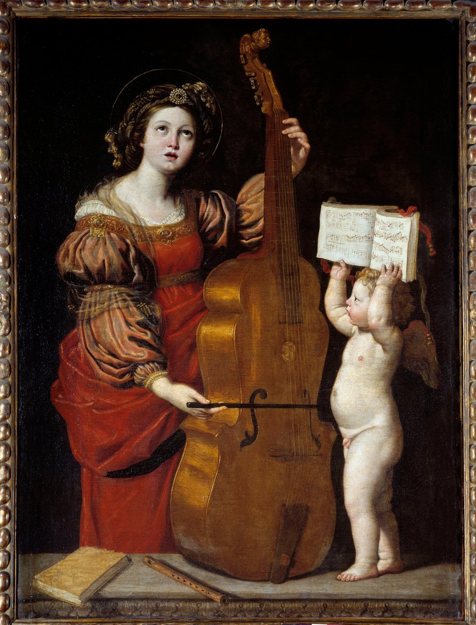 Saint Cecile med en engel som holder et partitur. Domenico Zampieri dit The Dominiquin (1581-1641) Ec. Ital. av Domenichino