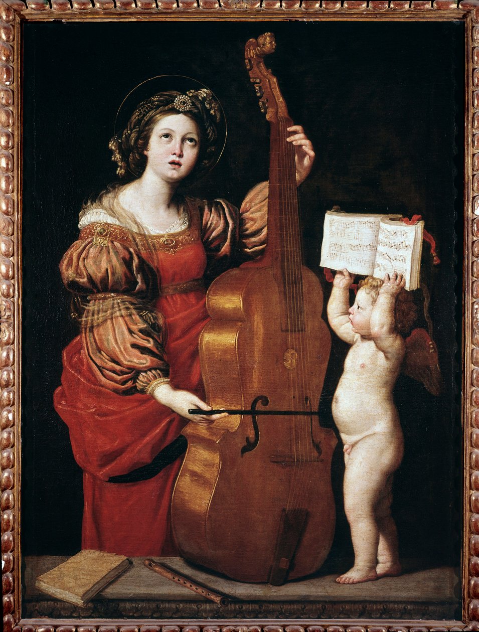 St Cecilia med en engel som holder et partitur (olje på lerret av Domenichino