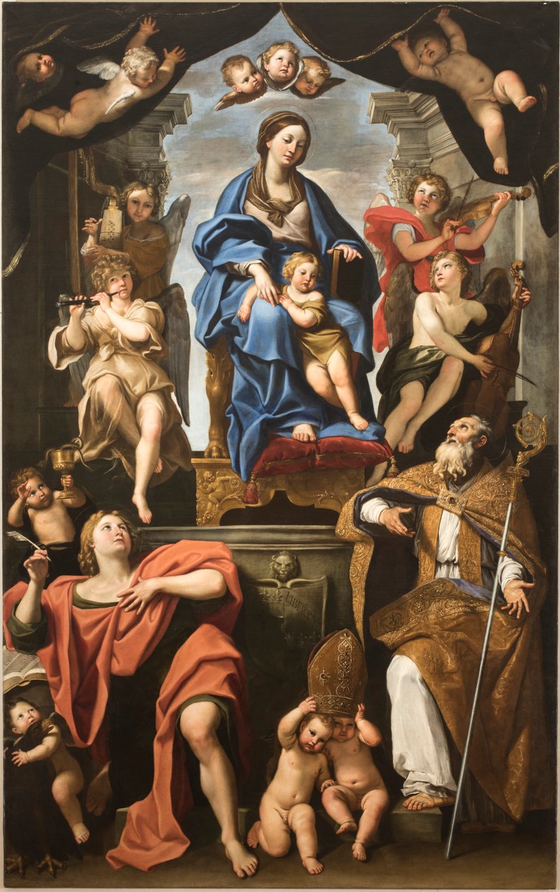Jomfru og barn med de hellige Petronius og Johannes evangelisten, 1625-1629. av Domenichino