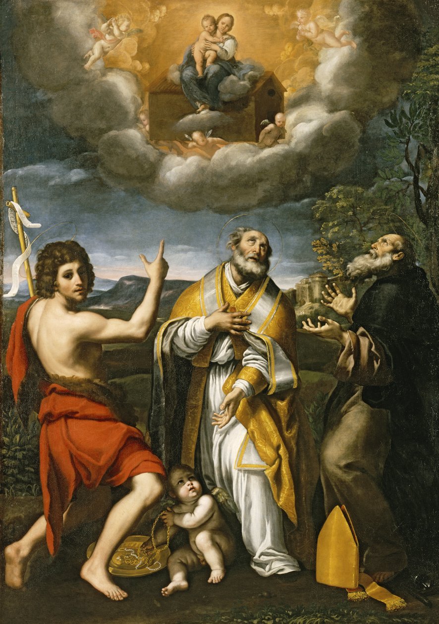 Madonnaen av Loreto viser seg for Døperen Johannes, St. Eligius og St. Anthony Abbed, ca. 1618-1620 av Domenichino