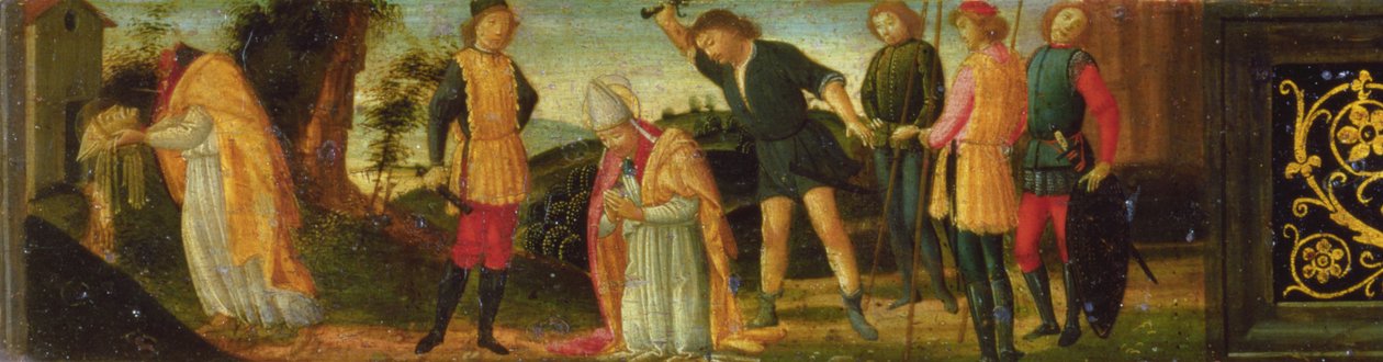 The Martyrdom of St. Denis (Dionysius) of Paris, del av predella-panelet som skildrer scener fra helgenenes liv fra altertavlen til Madonna og barnet tronet med hellige (panel) av Domenico Ghirlandaio