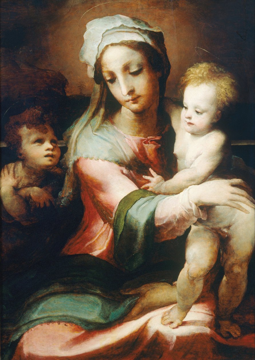 Madonna og barn med spedbarnet Johannes døperen av Domenico di Pace Beccafumi  