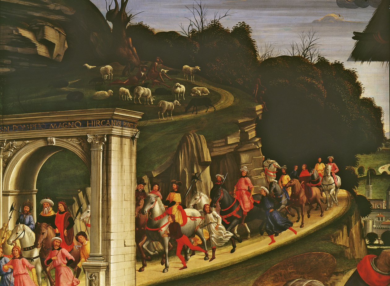 Tilbedelse av hyrdene, detalj som viser prosesjonen til magiene, 1485 (detalj av 85101) av Domenico Ghirlandaio