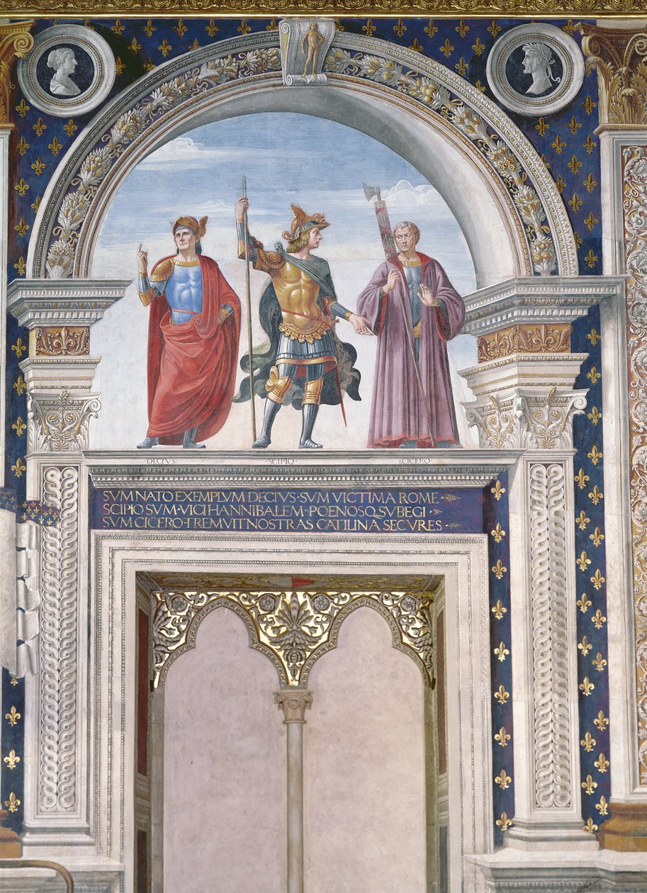 Decio Mure, Scipio (ca. 235-183 f.Kr.) og Cicero (106-43 f.Kr.) detalj fra fresken i Sala dei Gigli, ca. 1470 av Domenico Ghirlandaio