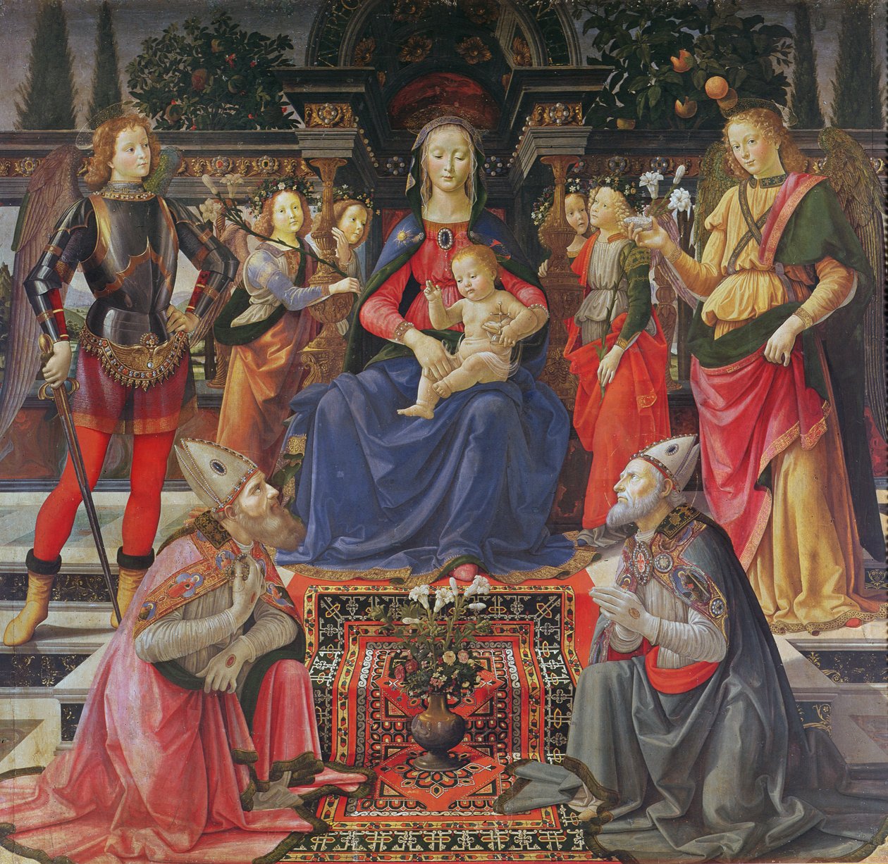 Madonna og barn med SS. Justus, Zenobius og erkeenglene Michael og Raphael, ca. 1484 (tempera på panel) av Domenico Ghirlandaio