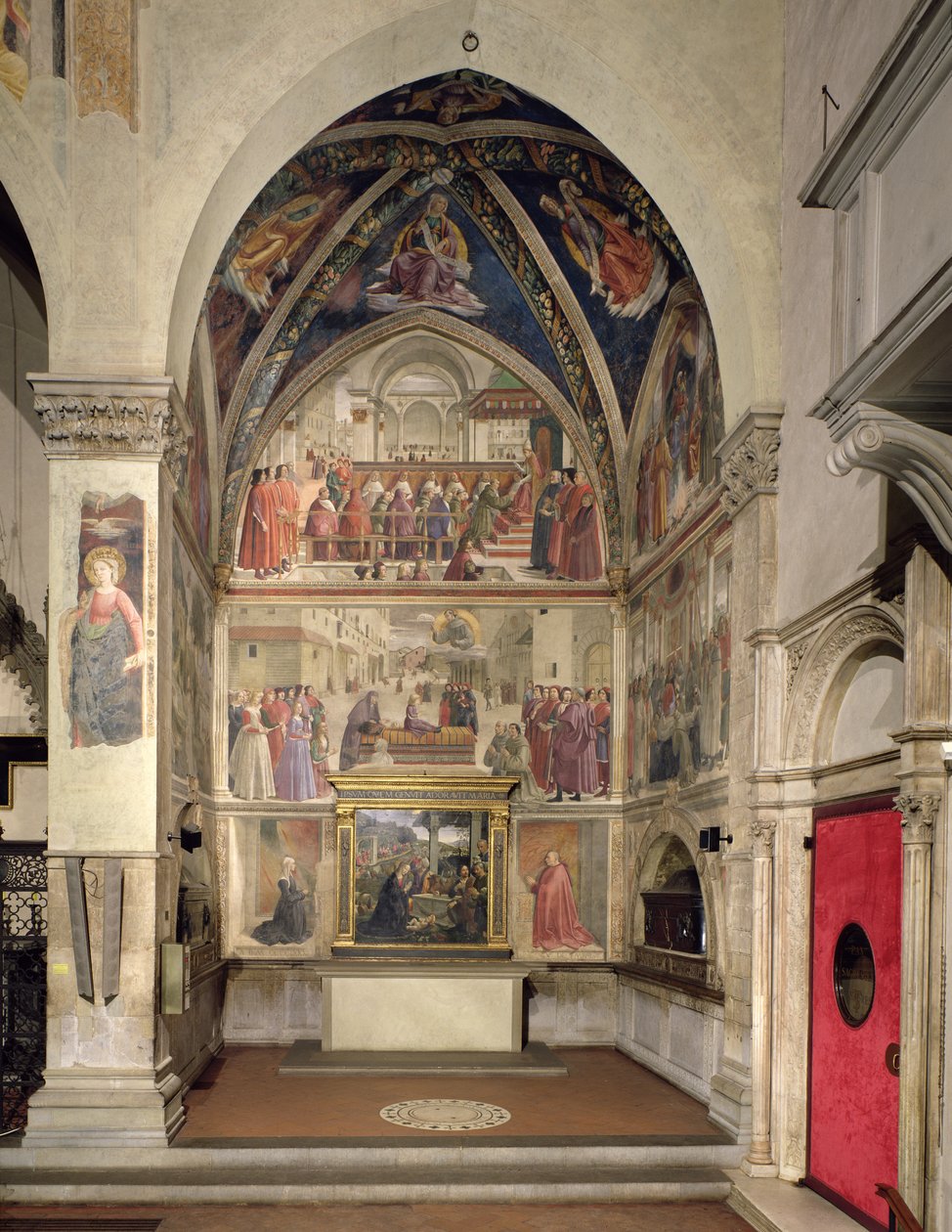 Bekreftelsen av regelen for St. Francis Orden av pave Honorius III og oppstandelsen av en gutt, fra Life of St. Francis Cycle, 1480-85 (sentralvegg) (for detaljer se 52661-6 av Domenico Ghirlandaio