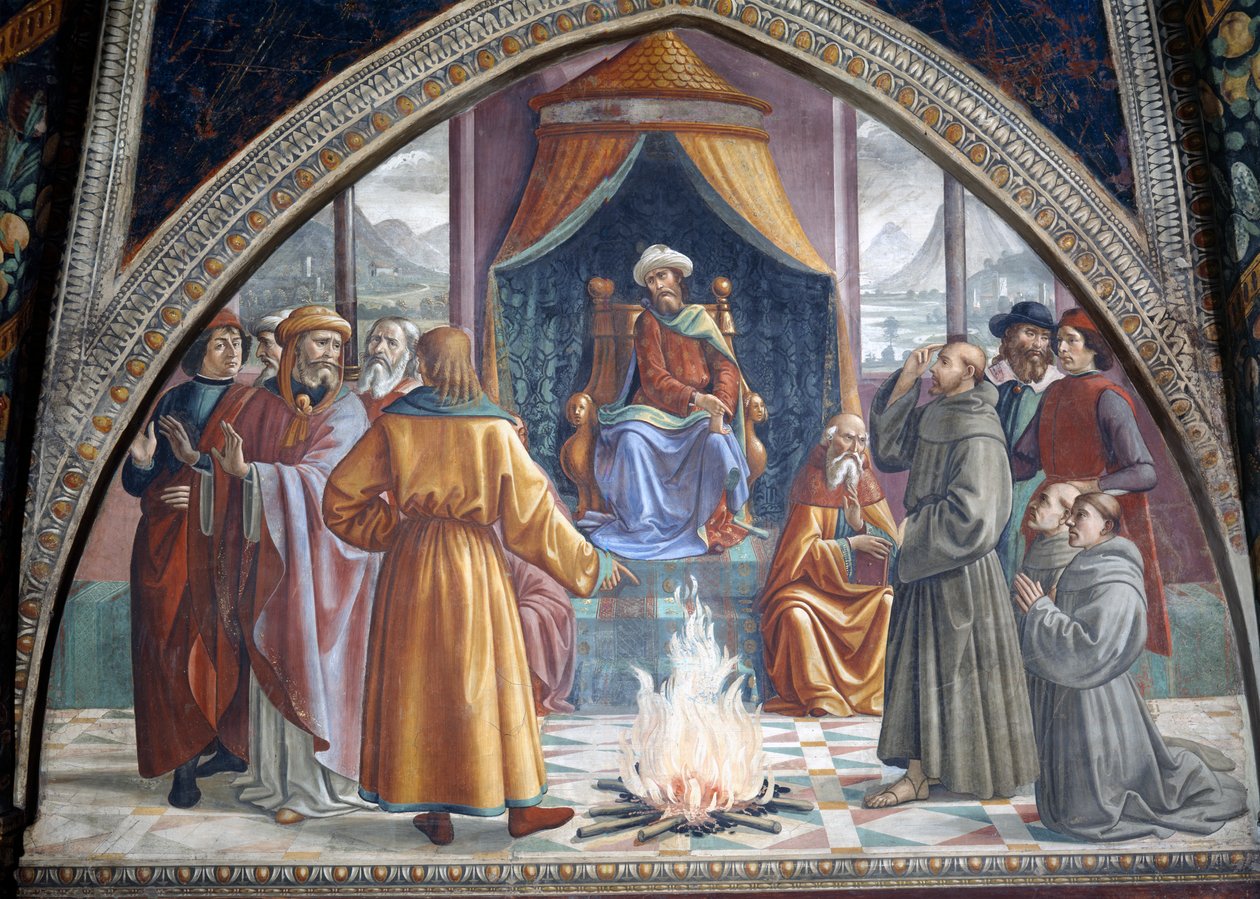 The Trial by Fire, St. Frans før sultanen av Egypt, scene fra en syklus av livet til St. Frans av Assisi, 1486 av Domenico Ghirlandaio