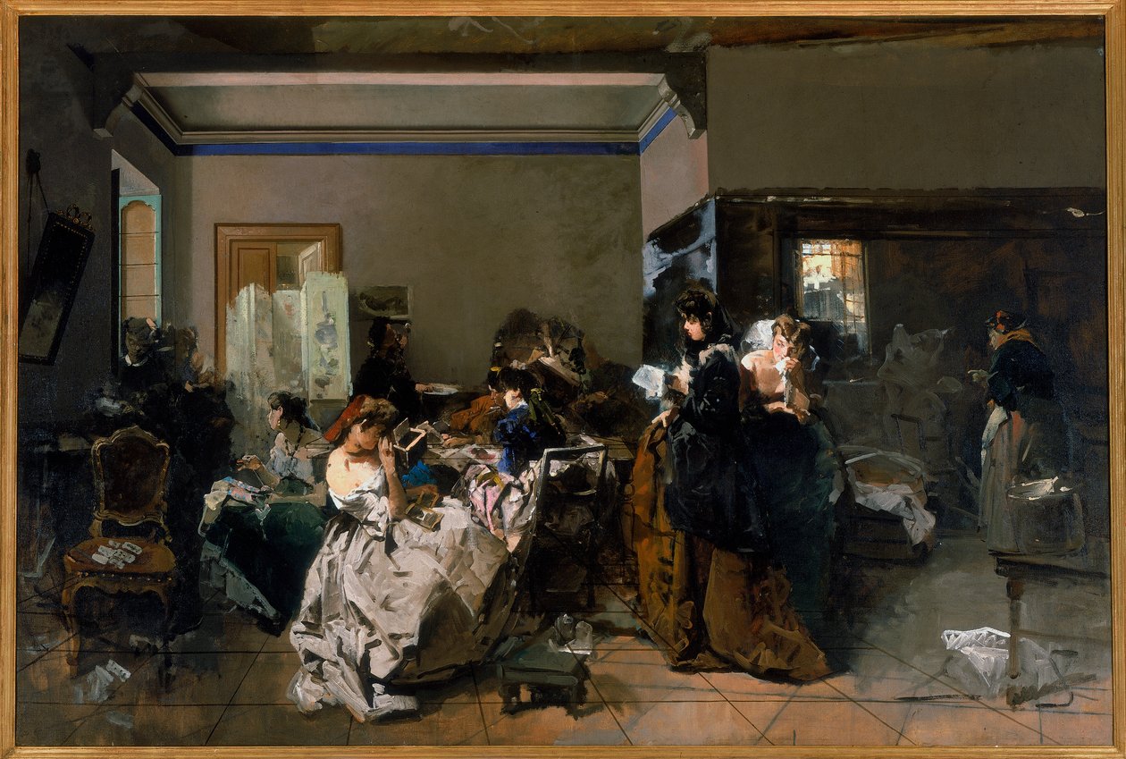Maleri av et verksted hvor noen unge klesmakere arbeider, 1858-60 av Domenico Induno