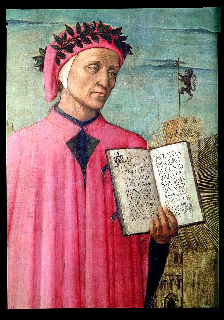 Dante-lesing fra den guddommelige komedie, detalj av Dante Alighieri 1265-1321, 1465 paneldetalj av 42355 av Domenico di Michelino