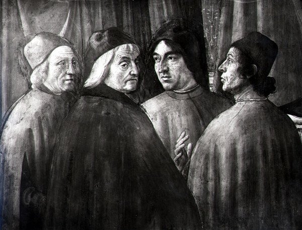 Zacharias i tempelet, detalj av mannlig gruppe av Domenico Ghirlandaio