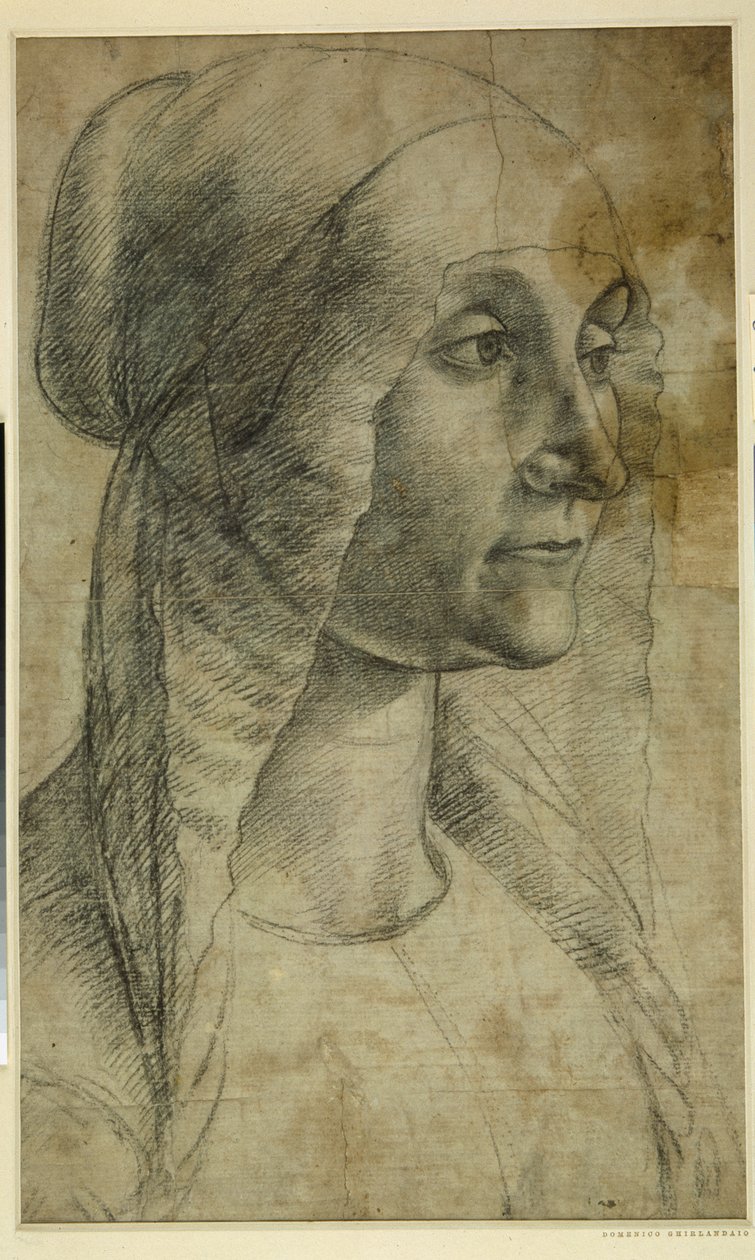 Hodet til en kvinne som har på seg en coif (svart kritt på hvitt papir_ av Domenico Ghirlandaio