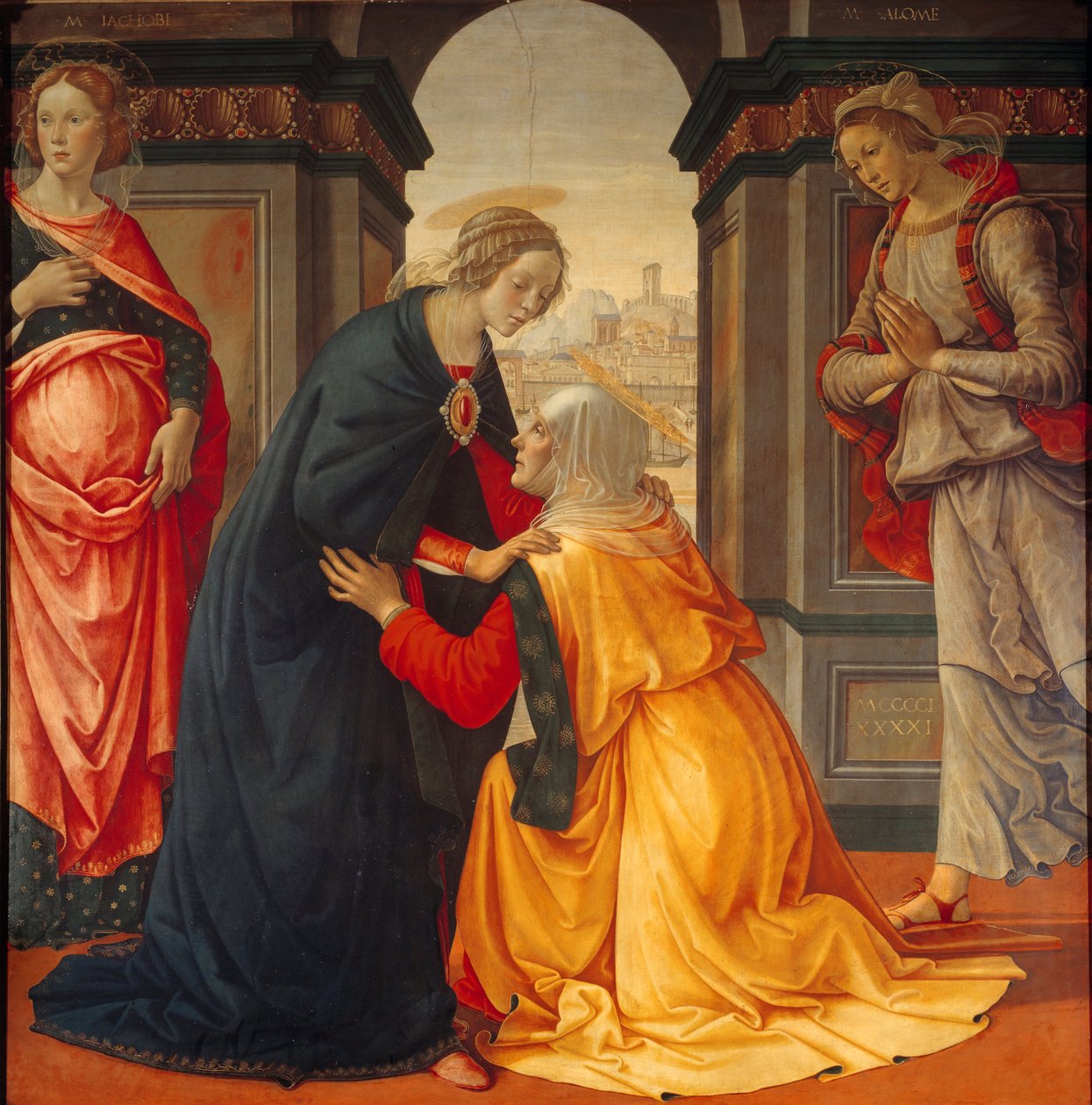 Besøk: Jomfru Maria besøker Elisabeth, mellom Marie Jacobie og Marie Salome, vitner til korsfestelsen og oppstandelsen, Maleri av Domenico Ghirlandaio (1449-1494) 1491 av Domenico Ghirlandaio