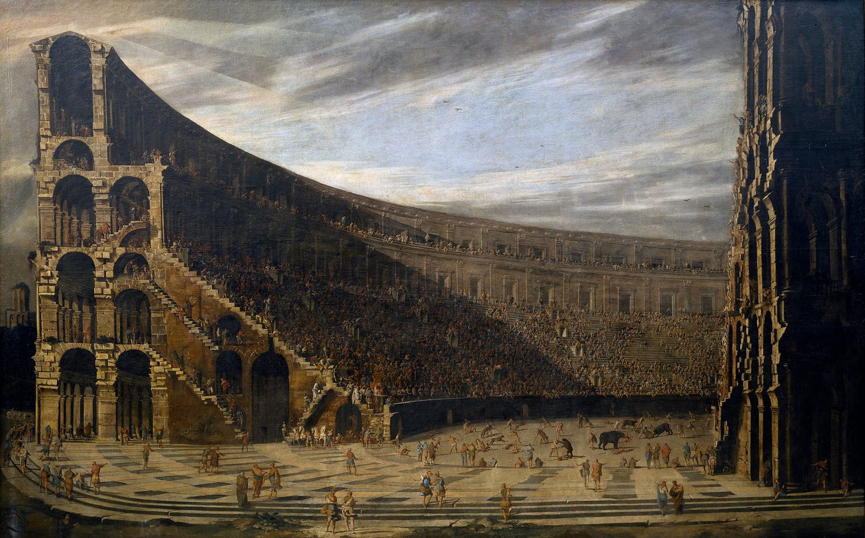 ""Perspective of a Roman amphitheatre" (Perspective of a Roman amphitheater) Kamper i arenaen Maleri av Domenico Gargiulo (1609-1675) ca. 1638 Dim 220,5x353 cm Museo del Prado, Madrid av Domenico Gargiulo