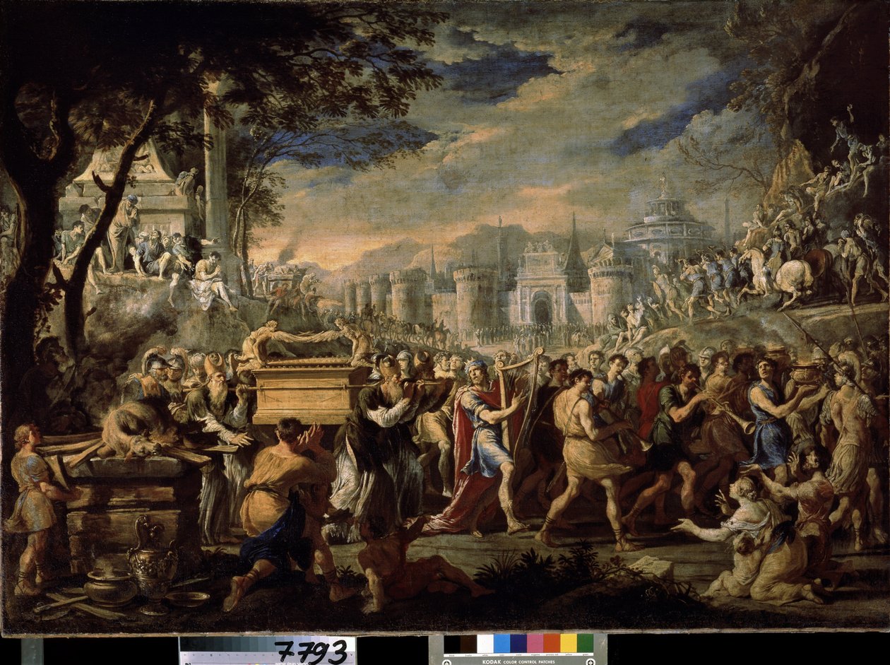 ""David bærer Paktens Ark inn i Jerusalem"" (Kong David bærer Paktens Ark inn i Jerusalem) Transporten av Paktens Hellige Ark til Jerusalem, akkompagnert av kong David som spiller psalteriet. Maleri av Domenico Gargiulo (1609-1675) av Domenico Gargiulo