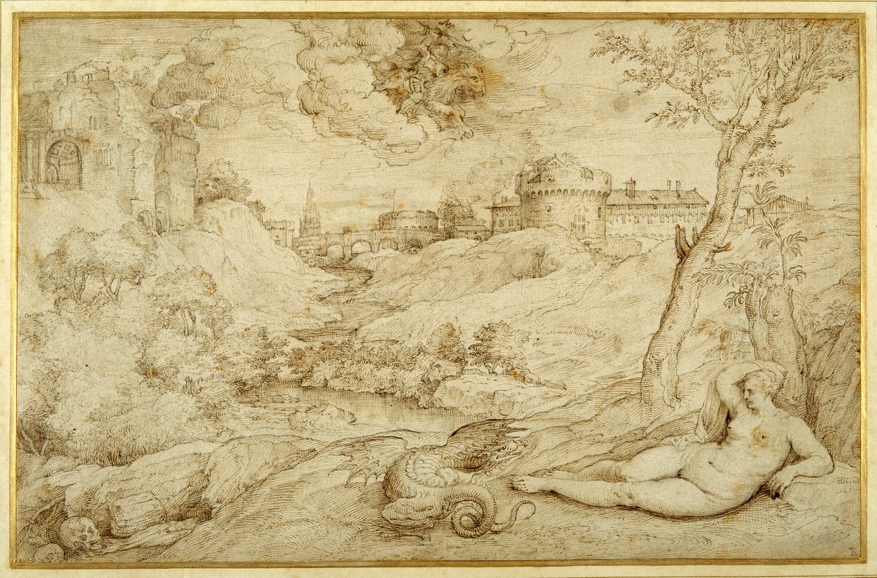 Landskap med Roger og Angelica, fra 'Orlando furioso', X, etter Titian (penn og brunt blekk på papir) av Domenico (attr. to) Campagnola