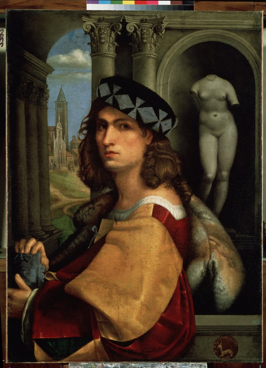 ""Portrett av en ung mann eller selvportrett"" (Portrett av en mann eller selvportrett) Maleri av Domenico di Bernardo Capriolo (Caprioli) (1494-1528) 1512 Mål 117x85 cm Eremitagemuseet, St. Petersburg (Saint- Petersburg) Petersburg) av Domenico (attr.to) Capriolo