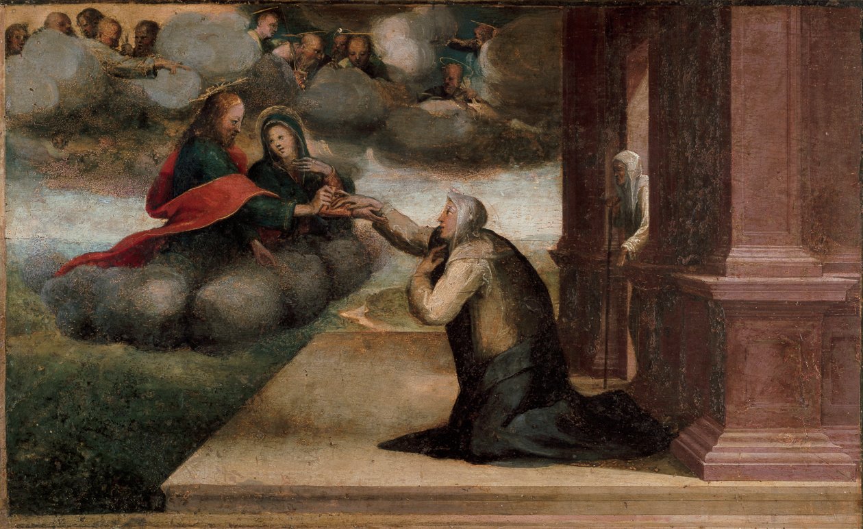 Altertavle av stigmaene til St. Catherine. Detalj av Predelle: Det mystiske bryllupet til St. Katarina av Siena. Maleri av Domenico Beccafumi (1486-1551) av Domenico Beccafumi