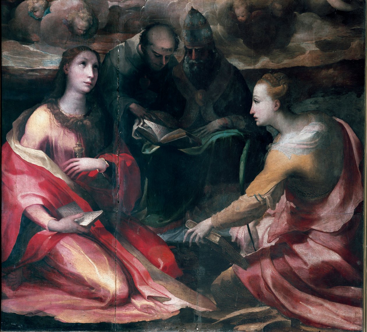 Kristus som kroner Jomfru Maria og fire hellige, detalj: Saint Mary Magdalene, Saint Anthony of Padua (san antonio di padova), pave Saint Gregoire I eller The Great and Saint Catherine of Alexandria. Maleri av Domenico Beccafumi (1486-1551) av Domenico Beccafumi