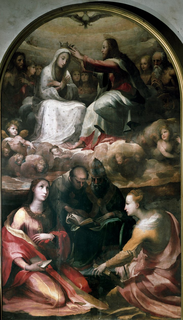Kristus som kroner Jomfru Maria og fire hellige (Saint Mary Magdalene, Saint Anthony of Padua (San antonio di padova), Pave Saint Gregoire I eller The Great and Saint Catherine of Alexandria). Maleri av Domenico Beccafumi (1486-1551) av Domenico Beccafumi