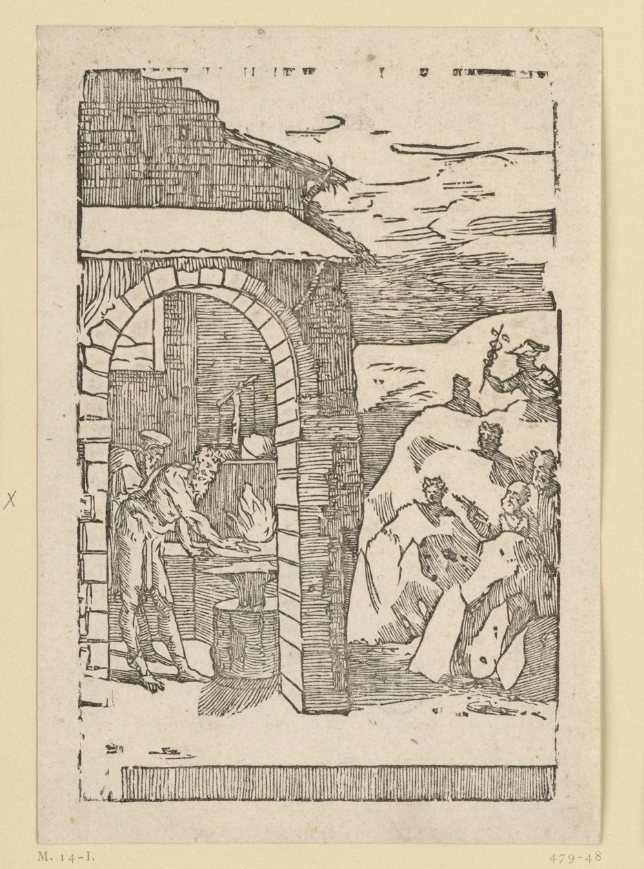 Metallenes kall. Hefaistos (Vulkan) og en lærd står ved smedens ild, mens gudene (som representanter for metallene) gjemmer seg ute i klippene: Saturn (bly), Jupiter (tinn), Venus (kobber), Luna (sølv), Merkur (kvik av Domenico Beccafumi