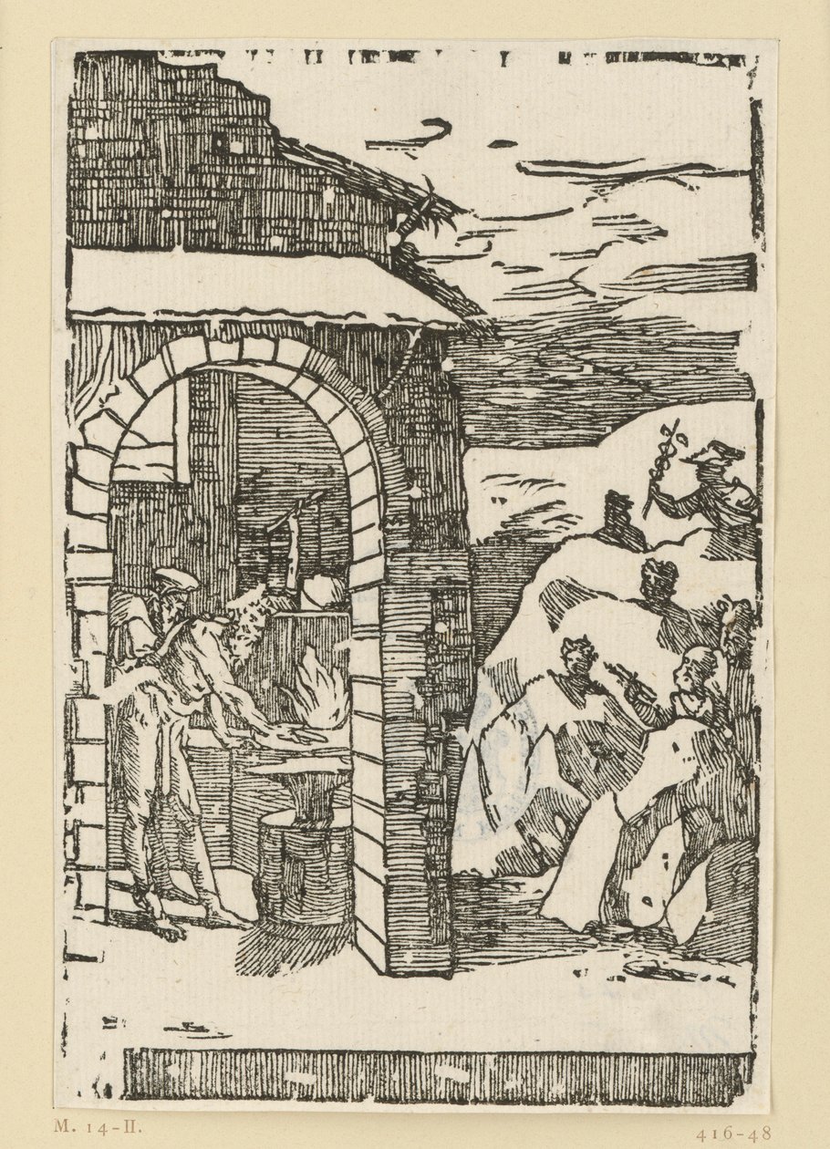 Metallenes kall. Hefaistos (Vulkan) og en lærd står ved ilden i en smie, mens gudene (som representanter for metallene) er skjult ute i klippene: Saturn (bly), Jupiter (tinn), Venus (kobber), Luna (sølv), Merkur (kvik av Domenico Beccafumi