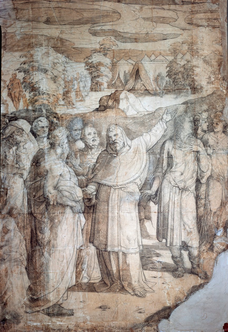 Historie om Moses på Sinai-fjellet: Hebreerne venter på at Moses kommer tilbake. Forberedende tegning for fortauet til katedralen i Siena. Maleri av Domenico Beccafumi (1486-1551). Italia, Siena, National Pinacotheque. (Siena, Pinacoteca Nazionale) av Domenico Beccafumi