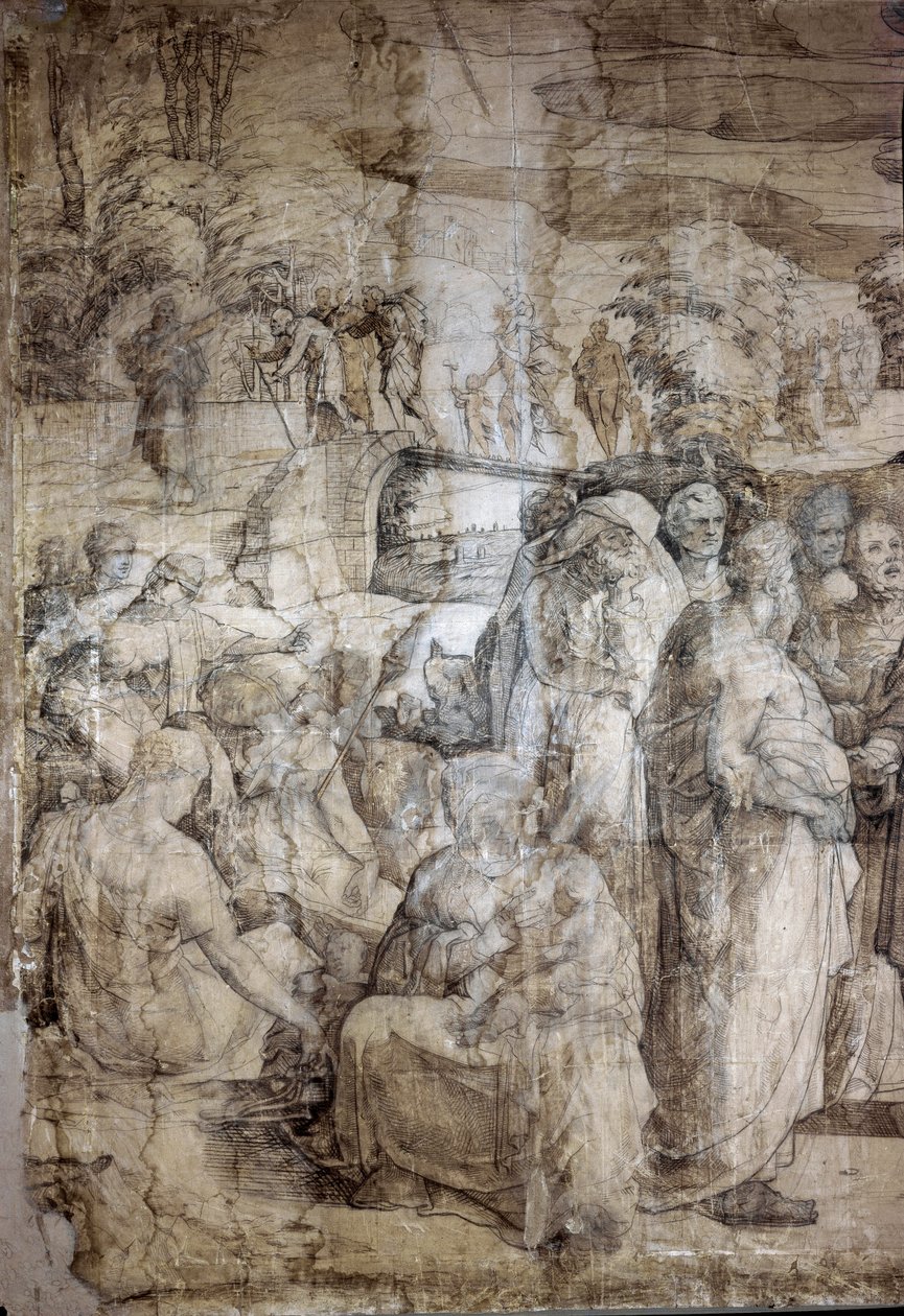 Historie om Moses på Sinai-fjellet: Hebreerne venter på at Moses kommer tilbake. Forberedende tegning for fortauet til katedralen i Siena. Maleri av Domenico Beccafumi (1486-1551). Italia, Siena, National Pinacotheque. (Siena, Pinacoteca Nazionale) av Domenico Beccafumi