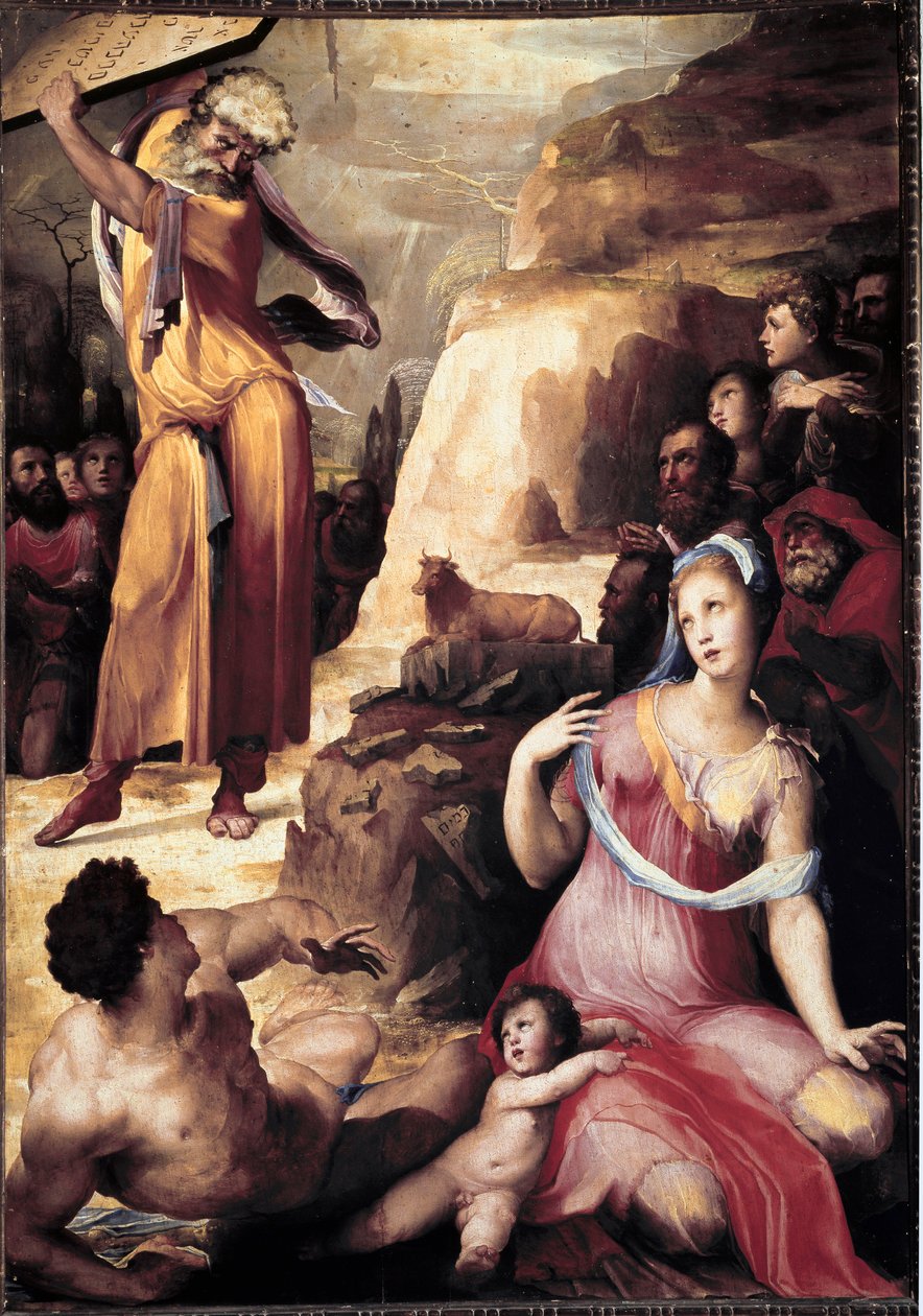 Moses bryter lovens tabeller. Det hebraiske folket i tilbedelse før gullkalven utseende skremte vreden til Moses, som våger å bryte bordene som de 10 bud er innskrevet på. Maleri av Domenico Beccafumi (1486-1551) av Domenico Beccafumi