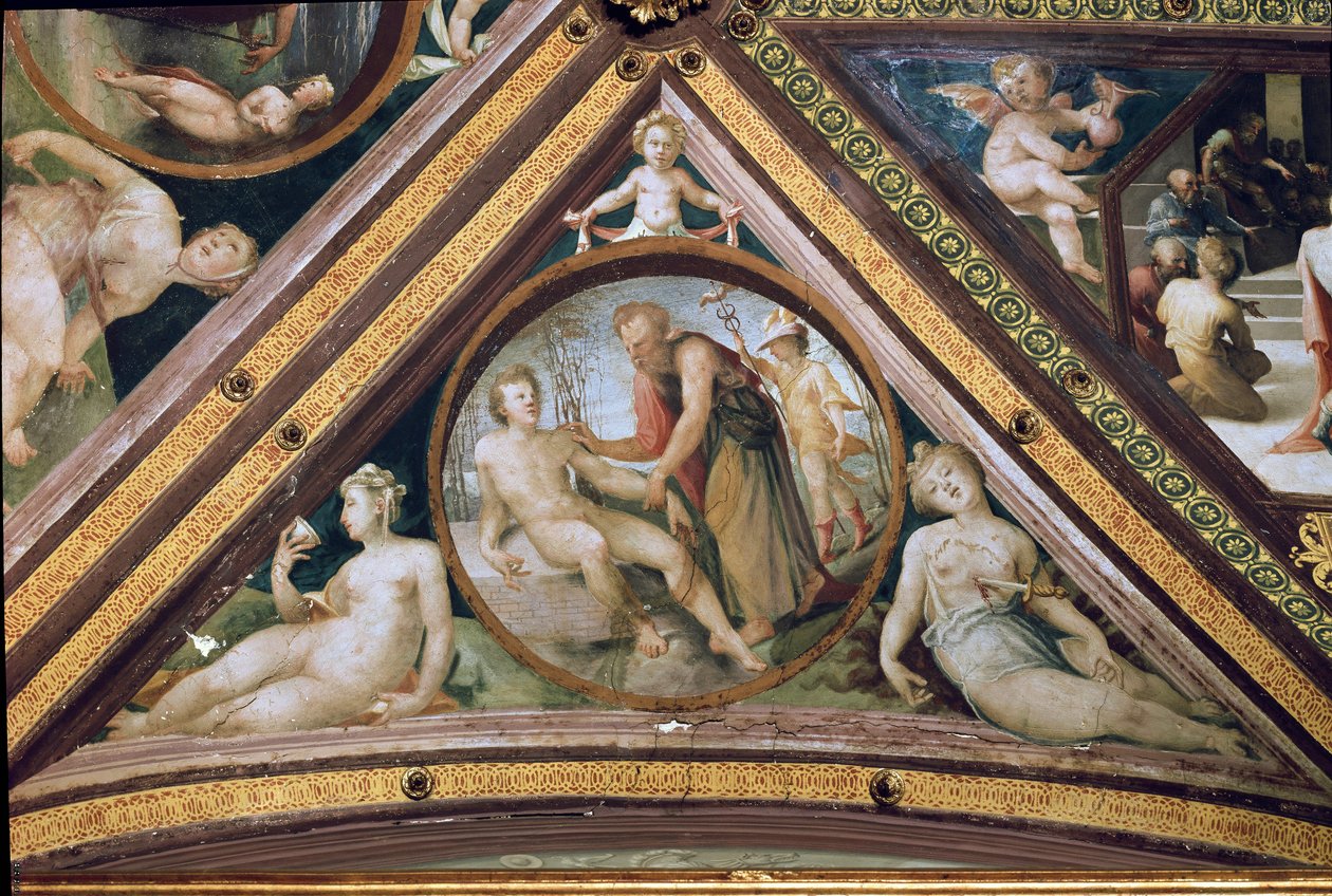 Promethee skaper mannen under blikket til Merkur som holder en løvfellende og iført hjelm og sandaler vinger Fresco av Domenico Beccafumi (1486-1551) av Domenico Beccafumi