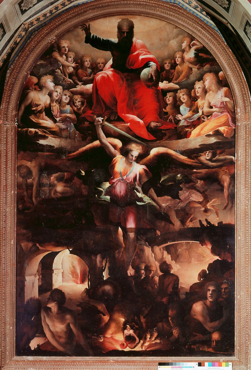 Saint Michael Chasing Rebel Angels Maleri av Domenico Beccafumi (1486-1551) 1526-1530 ca. Sol. 348x225 cm. Siena, Chiesa di San Niccolo al Carmine av Domenico Beccafumi