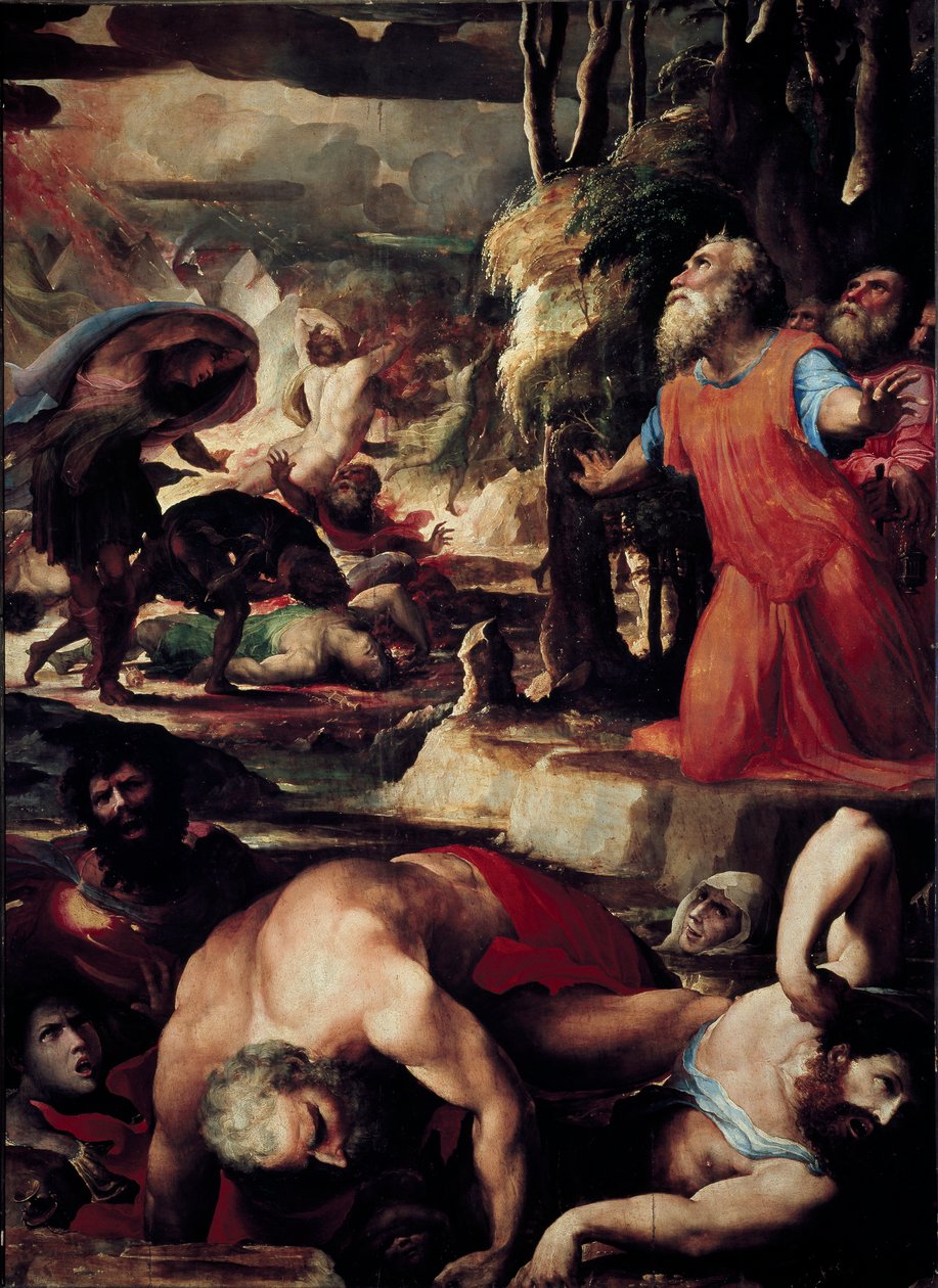 The Punishment of Core (Kore), Dathan (Datan, Nathan) og Aboron (Abiram) (The Punishment of Celestial Fire, episode av levittenes opprør mot Moses og lovens autoritet). Maleri av Domenico Beccafumi (1486-1551) av Domenico Beccafumi