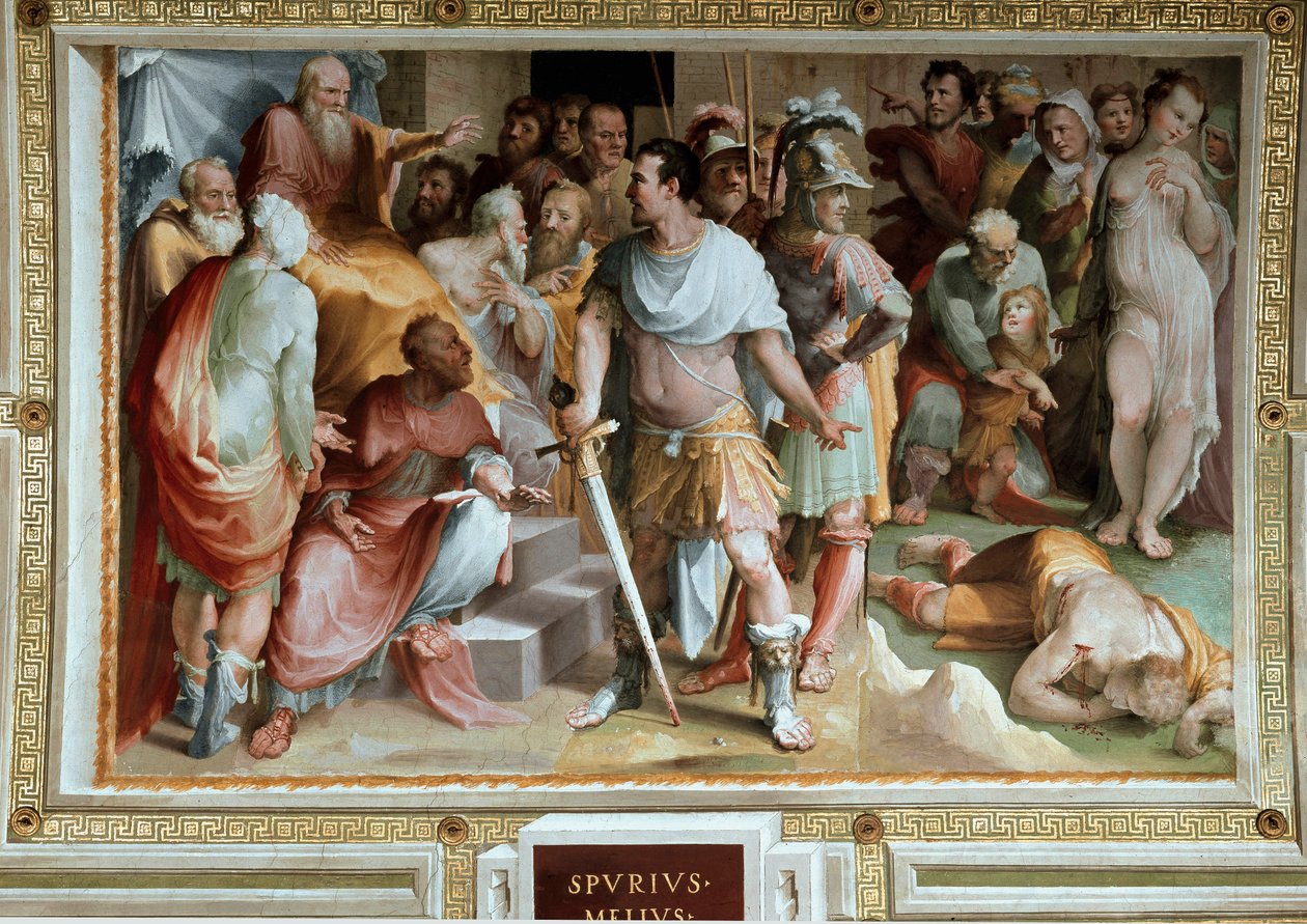 Attentatet på den rike romerske plebeieren Spurius Maelius (5. århundre f.Kr.) Fresco av Domenico di Giacomo di Pace dit Beccafumi (1486-1551) 1529-1535 Siena, offentlig palass av Domenico Beccafumi